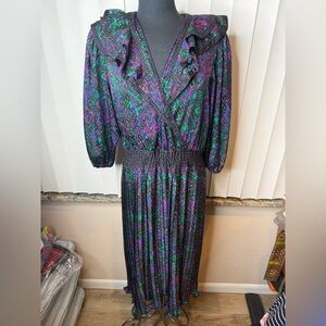 Vintage 1980’s Colorful Midi Ruched Pleated Georgette Dress